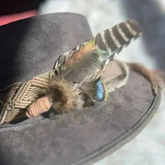 Custom Felt hat with plumes & macrame boho Tulum Suede Western Hat Widebrim